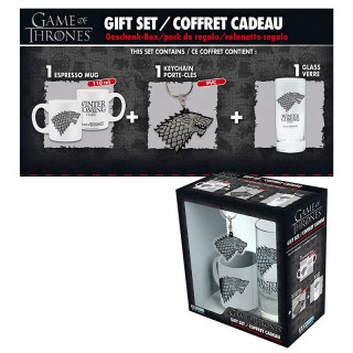 GAME OF THRONES - Pck očala 29cl + obesek za ključe PVC + mini skodelica "Stark" Merch