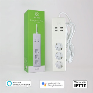 Pametni razdelilnik Woox Smart Home - R4028 (3 kosi Schuko, 4 kosi USB, nadtokovni senzor, časovnik, 1,8 m, Wi-Fi, daljinski spredaj Dom